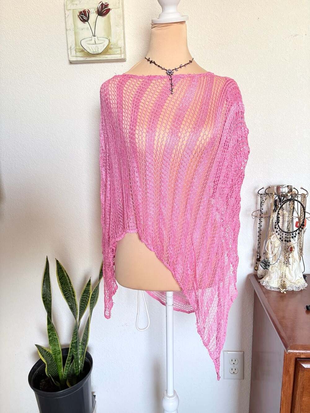 Vintage Y2K Jazzie Open Knit Asymmetric Poncho Top S/M Pink Rayon